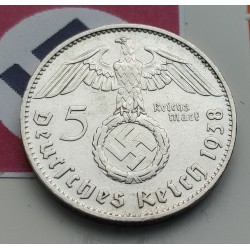 @ESCASA@ ALEMANIA 5 MARCOS 1938 J AGUILA y ESVASTICA NAZI III REICH KM.94 MONEDA DE PLATA EBC Germany 5 Reichsmark R/1