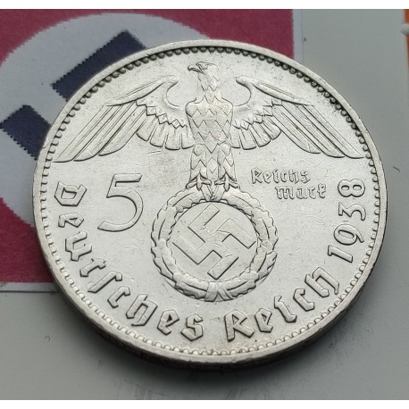 ALEMANIA 5 MARCOS ESVASTICA NAZI 1938 F PLATA III REICH EBC 1