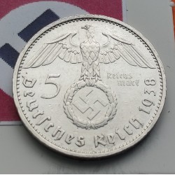 @RARA@ ALEMANIA 5 MARCOS 1938 E AGUILA y ESVASTICA NAZI III REICH KM.94 MONEDA DE PLATA Germany 5 Reichsmark R/1