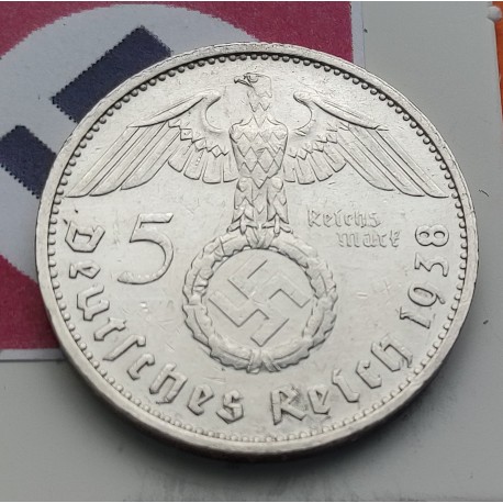 @RARA@ ALEMANIA 5 MARCOS 1938 E AGUILA y ESVASTICA NAZI III REICH KM.94 MONEDA DE PLATA Germany 5 Reichsmark R/1