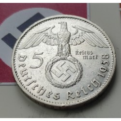 ALEMANIA 5 MARCOS ESVASTICA NAZI 1938 G PLATA III REICH @RARA@