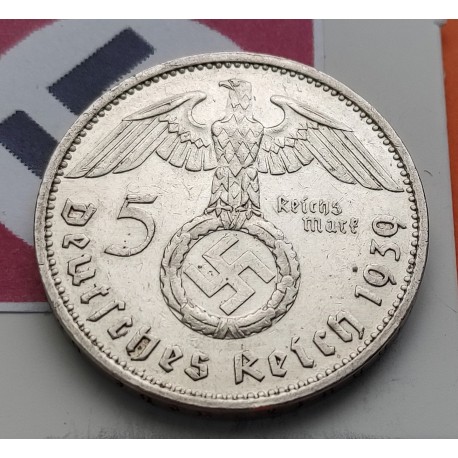 ALEMANIA 5 MARCOS ESVASTICA NAZI 1939 E PLATA III REICH NAZI 1