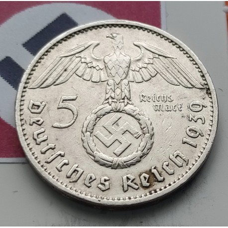 ALEMANIA 5 MARCOS ESVASTICA NAZI 1939 F PLATA III REICH EBC 3