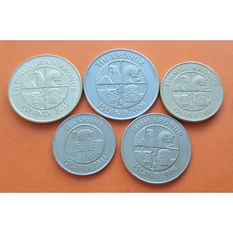 5 monedas x ISLANDIA 1 KRONUR + 5 KRONUR + 10 KRONUR + 50 KRONUR +100 KRONUR 2001 a 2011 Iceland coin set