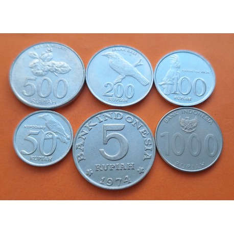 6 monedas x INDONESIA 5 + 50 + 100 + 200 + 500 + 1000 RUPIAS 1974 a 2010 NICKEL y ACERO EBC-