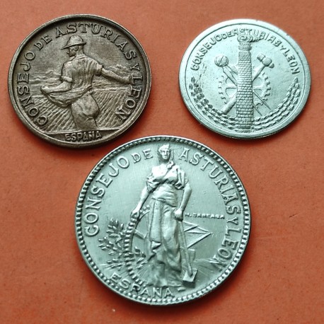 CONSEJO DE ASTURIAS y LEON 50 CENTIMOS 1937 + 1 PESETA 1937 + 2 PESETAS 1937 España 3 MONEDAS LOCALES GUERRA CIVIL