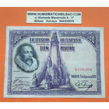 ESPAÑA 100 PESETAS 1928 MIGUEL DE CERVANTES Sin Serie 9116294 Pick 76 BILLETE MBC Spain banknote