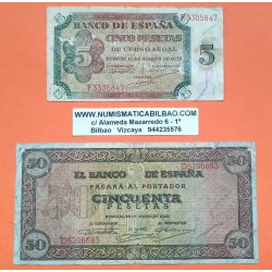 . 2 Billetes x ESPAÑA 5 PESETAS 1938 BURGOS F 3305847 Pick 100A + 100 PESETAS 1938 CASA DEL CORDON Serie D 5206683 Pick 113