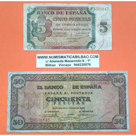 . 2 Billetes x ESPAÑA 5 PESETAS 1938 BURGOS F 3305847 Pick 100A + 100 PESETAS 1938 CASA DEL CORDON Serie D 5206683 Pick 113