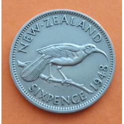 1º AÑO DE EMISIÓN x NUEVA ZELANDA 6 PENIQUES 1948 PAJARO HUIA y Rey JORGE VI KM.26.2 MONEDA DE NICKEL MBC New Zealand 6 Pence