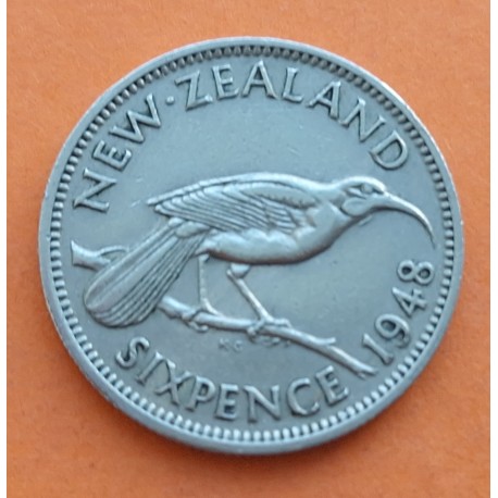 1º AÑO DE EMISIÓN x NUEVA ZELANDA 6 PENIQUES 1948 PAJARO HUIA y Rey JORGE VI KM.26.2 MONEDA DE NICKEL MBC New Zealand 6 Pence