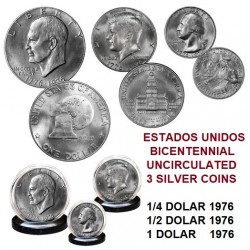 3 monedas x ESTADOS UNIDOS 1976 1776 BICENTENNIAL SILVER UNCIRCULATED SET PLATA SC 1/4 + 1/2 + 1 DOLAR 1976 S