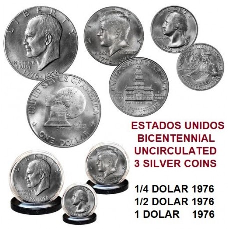 ESTADOS UNIDOS 1976 US MINT SILVER BU SET 1/4 + 1/2 + $1 DOLAR