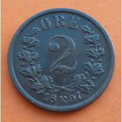 NORUEGA 2 ORE 1897 LEON CON HACHA EN ESCUDO Rey OSKAR II KM.353 MONEDA DE COBRE Norway