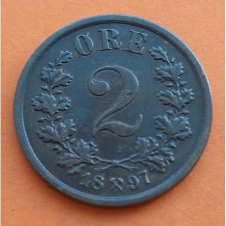 NORUEGA 2 ORE 1897 LEON CON HACHA EN ESCUDO Rey OSKAR II KM.353 MONEDA DE COBRE Norway