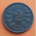 NORUEGA 2 ORE 1897 LEON CON HACHA EN ESCUDO Rey OSKAR II KM.353 MONEDA DE COBRE Norway