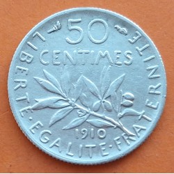 FRANCIA 50 CENTIMOS 1910 SEMBRADORA KM.854 MONEDA DE PLATA MBC France 50 Centimes SEMEUSE