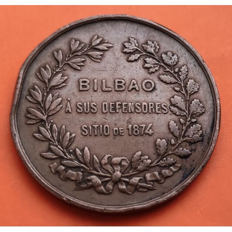 @MUY RARA@ BILBAO MEDALLA 1874 A SUS DEFENSORES DEL SITIO TERCERA GUERRA CARLISTA HONOR y PATRIA COBRE VIZCAYA