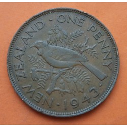 NUEVA ZELANDA 1 PENIQUE 1943 REY JORGE VI y PAJARO 2ª GUERRA MUNDIAL KM.13 MONEDA DE BRONCE MBC+ 1 Penny WWII Epoca Nazi