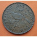 NUEVA ZELANDA 1 PENIQUE 1943 REY JORGE VI y PAJARO 2ª GUERRA MUNDIAL KM.13 MONEDA DE BRONCE MBC+ 1 Penny WWII Epoca Nazi