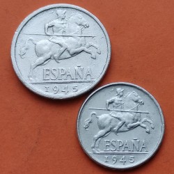 2 monedas x ESPAÑA 5 CENTIMOS 1945 KM.765 + ESPAÑA 10 CENTIMOS 1945 JINETE IBERICO ALUMINIO ESTADO ESPAÑOL MBC/MBC+