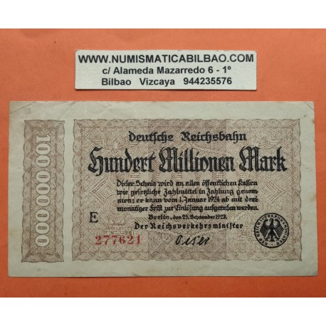 Prussian Province in Berlin x ALEMANIA 100000000 MARCOS 1923 WEIMAR Pick S.1017 BILLETE MBC+ 100 Millones Reichsbahn MILLIONEN