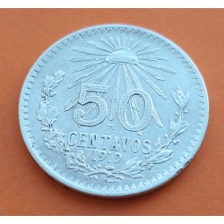 1º AÑO DE FABRICACIÓN x MEXICO 50 CENTAVOS 1919 AGUILA KM.447 MONEDA DE PLATA MBC 8,30 gramos Mejico R/1