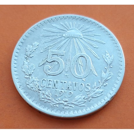 1º AÑO DE FABRICACIÓN x MEXICO 50 CENTAVOS 1919 AGUILA KM.447 MONEDA DE PLATA MBC 8,30 gramos Mejico R/1