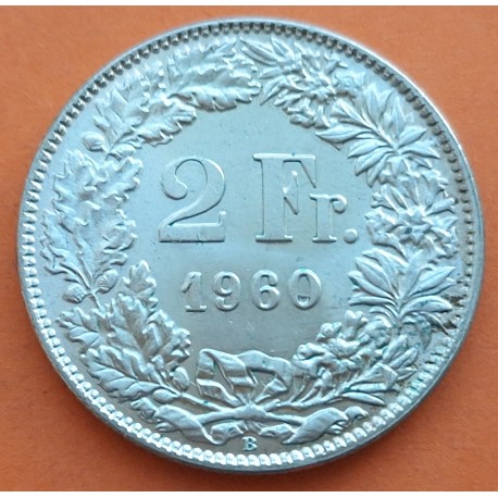 SUIZA 2 FRANCOS 1960 B GUILLERMO TELL y ESCUDO KM.25 MONEDA DE PLATA SC- Switzerland 2 Francs silver coin