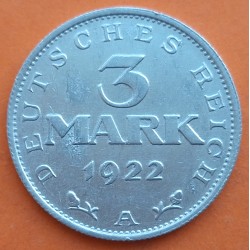 ALEMANIA 3 MARCOS 1922 A AGUILA República del Weimar KM.29 MONEDA DE ALUMINIO EBC- Germany 3 Marks