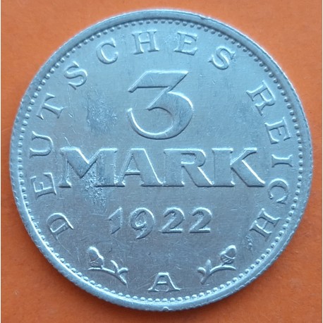 ALEMANIA 3 MARCOS 1922 A AGUILA República del Weimar KM.29 MONEDA DE ALUMINIO EBC- Germany 3 Marks