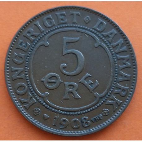 DINAMARCA 5 ORE 1908 VBP SIGLAS DEL REY FREDERIK VIII KM.806 MONEDA DE BRONCE MBC+ Denmark coin