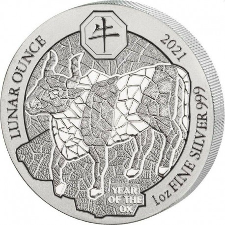 RUANDA 50 FRANCOS 2021 AÑO DEL BUEY MONEDA DE PLATA Lunar Ounce 1 ONZA 50 Francs RWANDA YEAR OF THE OX