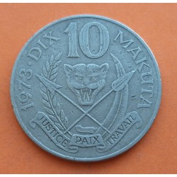 ZAIRE 10 MAKUTA 1973 DICTADOR MOBUTU SESE SEKO, LEON y LANZAS KM.7 MONEDA DE NICKEL EBC- Africa