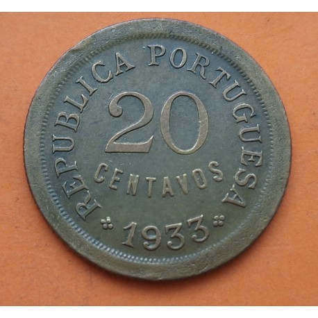 PORTUGAL 20 CENTAVOS 1933 DAMA y VALOR KM.3 MONEDA DE BRONCE MBC República Portuguesa