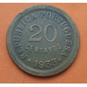 PORTUGAL 20 CENTAVOS 1933 DAMA y VALOR KM.3 MONEDA DE BRONCE MBC República Portuguesa