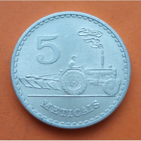 MOZAMBIQUE 5 METICAIS 1980 TRACTOR y ESCUDO KM.101 MONEDA DE ALUMINIO SC- Mocambique