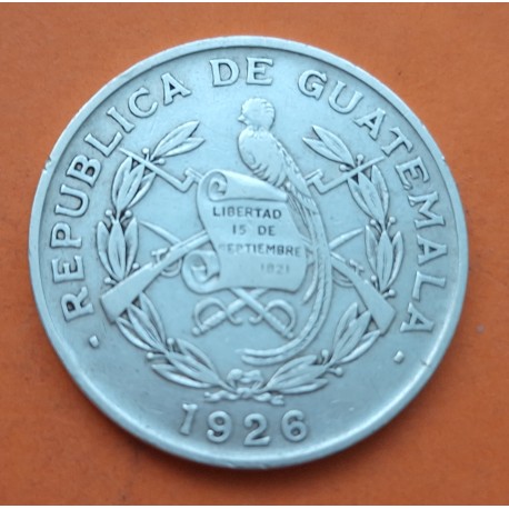 GUATEMALA 1/4 DE QUETZAL 1926 PAJARO y ESCUDO KM.243 MONEDA DE PLATA MBC- silver coin