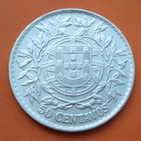 PORTUGAL 50 CENTAVOS 1916 BUSTO DE DAMA ALEGORICA KM.561 MONEDA DE PLATA MBC+ 1/2 Escudo silver coin