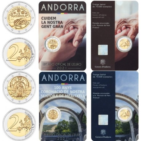 . 2 monedas x ANDORRA 2 EUROS 2021 VIRGEN DE MERITXELL y CUIDEMOS DE NUESTROS MAYORES SC COINCARD @ESCASAS@