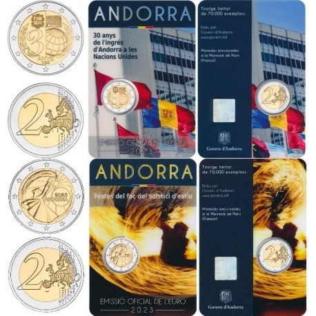 . 1 aaacoin ANDORRA 2 EUROS 2023 FIESTA DEL FUEGO e INGRESO EN LA ONU 2 MONEDAS BIMETALICAS Estuche