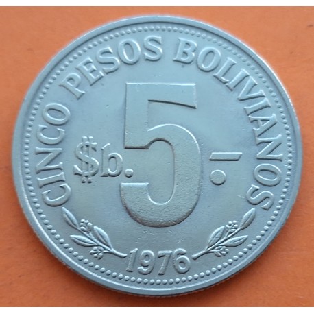 BOLIVIA 5 BOLIVIANOS 1976 H LA UNION ES LA FUERZA y ESCUDO KM.197 MONEDA DE NICKEL SC-