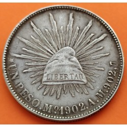 MEXICO 1 PESO 1902 AM Mo Ceca de MEXICO GORRO FRIGIO y AGUILA KM.409.2 MONEDA DE PLATA MBC silver coin