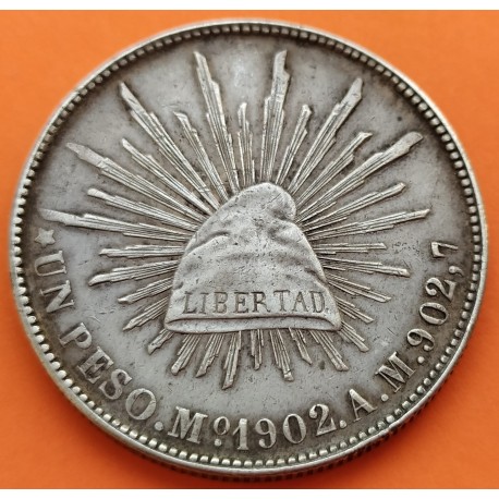 MEXICO 1 PESO 1902 AM Mo Ceca de MEXICO GORRO FRIGIO y AGUILA KM.409.2 MONEDA DE PLATA MBC silver coin