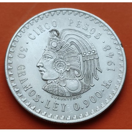 . MEXICO 5 PESOS 1948 INDIO CUAUHTEMOC PLATA KM.465 SC+