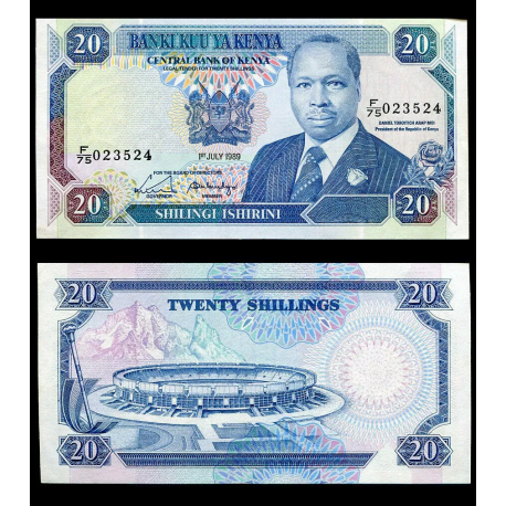 KENIA 20 SHILINGI 1989 - JULY - 1st ESTADIO OLÍMPICO y DANIEL TOROITICH y CAMPO DE FUTBOL Pick 58 BILLETE SC Africa KENYA UNC