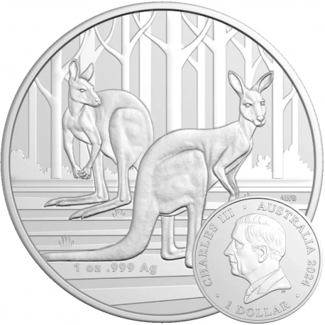 . 1 aaacoin @1ª MONEDA de CHARLES III@ AUSTRALIA 1 DOLAR 2024 CANGURO RAM MINT PLATA Kangaroo OZ