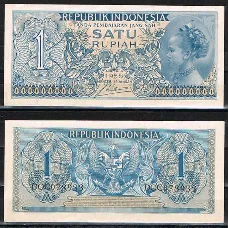 INDONESIA 1 RUPIA 1956 NIÑA CON FLORES Y AVES Pick 74 BILLETE SC 1 Rupiah UNC BANKNOTE