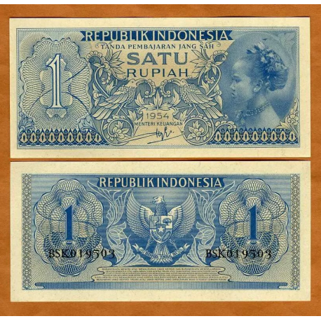 INDONESIA 1 RUPIA 1954 NIÑA y ANAGRAMAS Pick 74 BILLETE SC 1 Rupiah UNC BANKNOTE