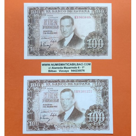 @2 BILLETES en 2 COLORES@ ESPAÑA 100 PESETAS 1953 JULIO ROMERO DE TORRES Pick 145 Marrón Claro + Marrón Oscuro EBC- L/1